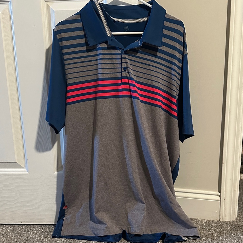 Adidas Navy & Gray Striped Polo with Pink Accent